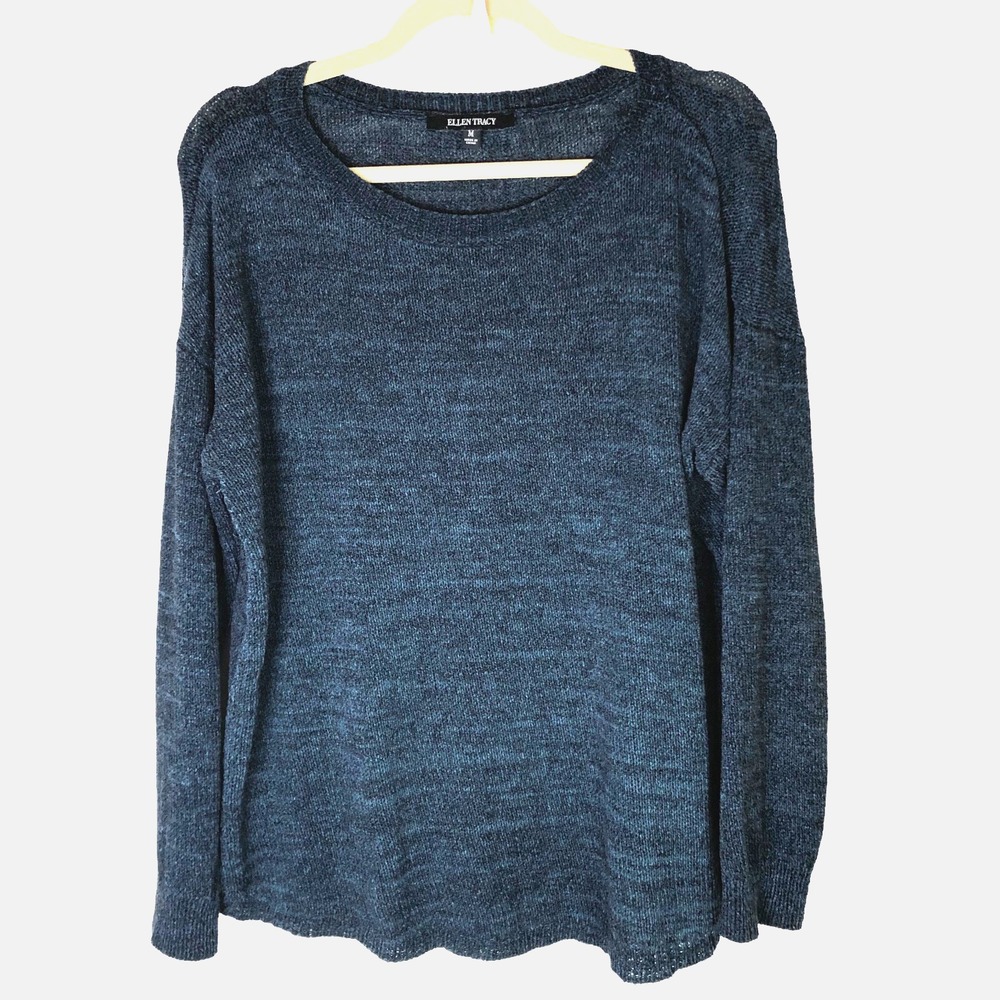 Ellen Tracy Women's Pullover Sweater M Crew Neck Heather Blue Lightweight Comfy